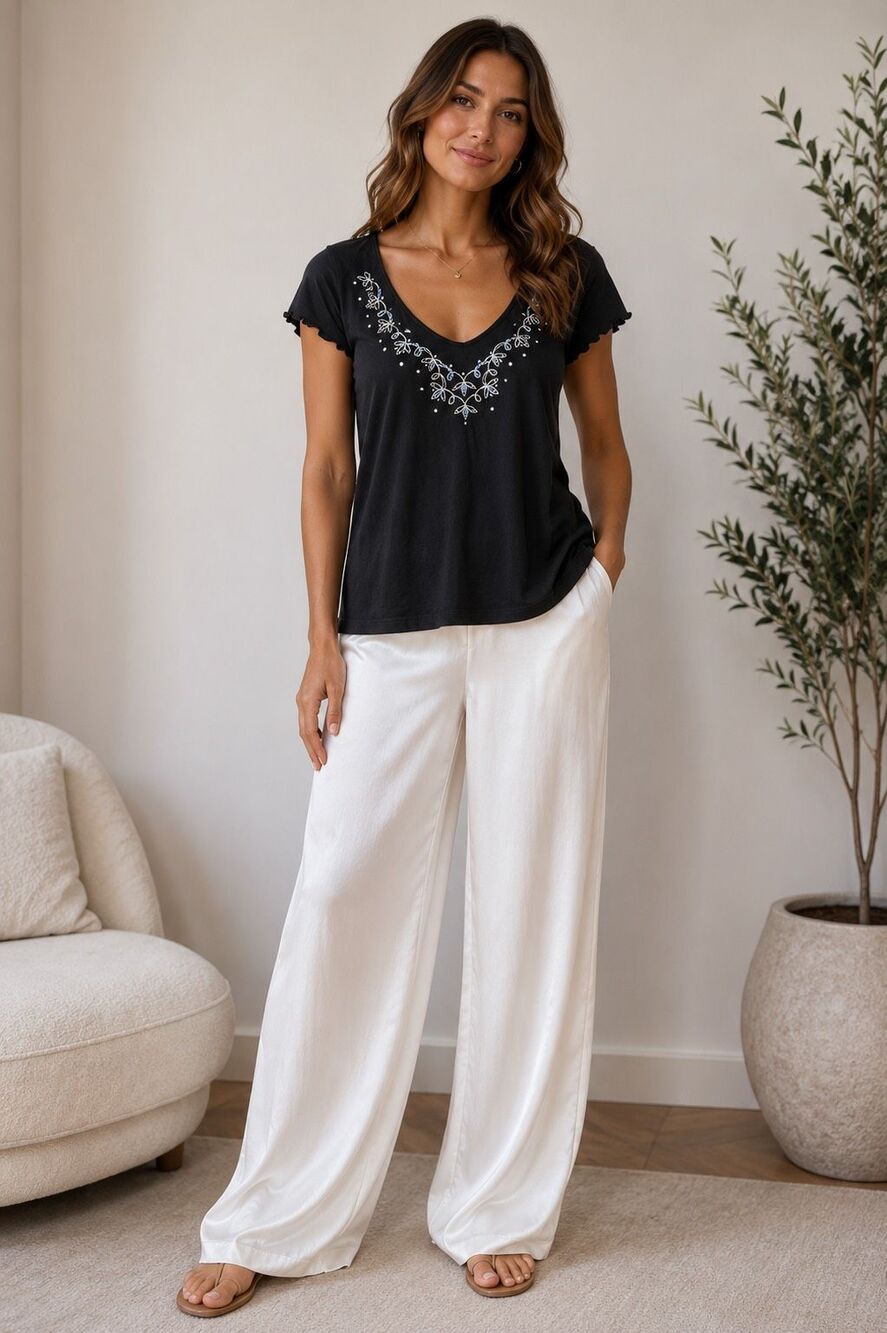 Petite Black Embroidered Floral Rhinestone Scoop Neck Top Size 14 UK/ 12 US